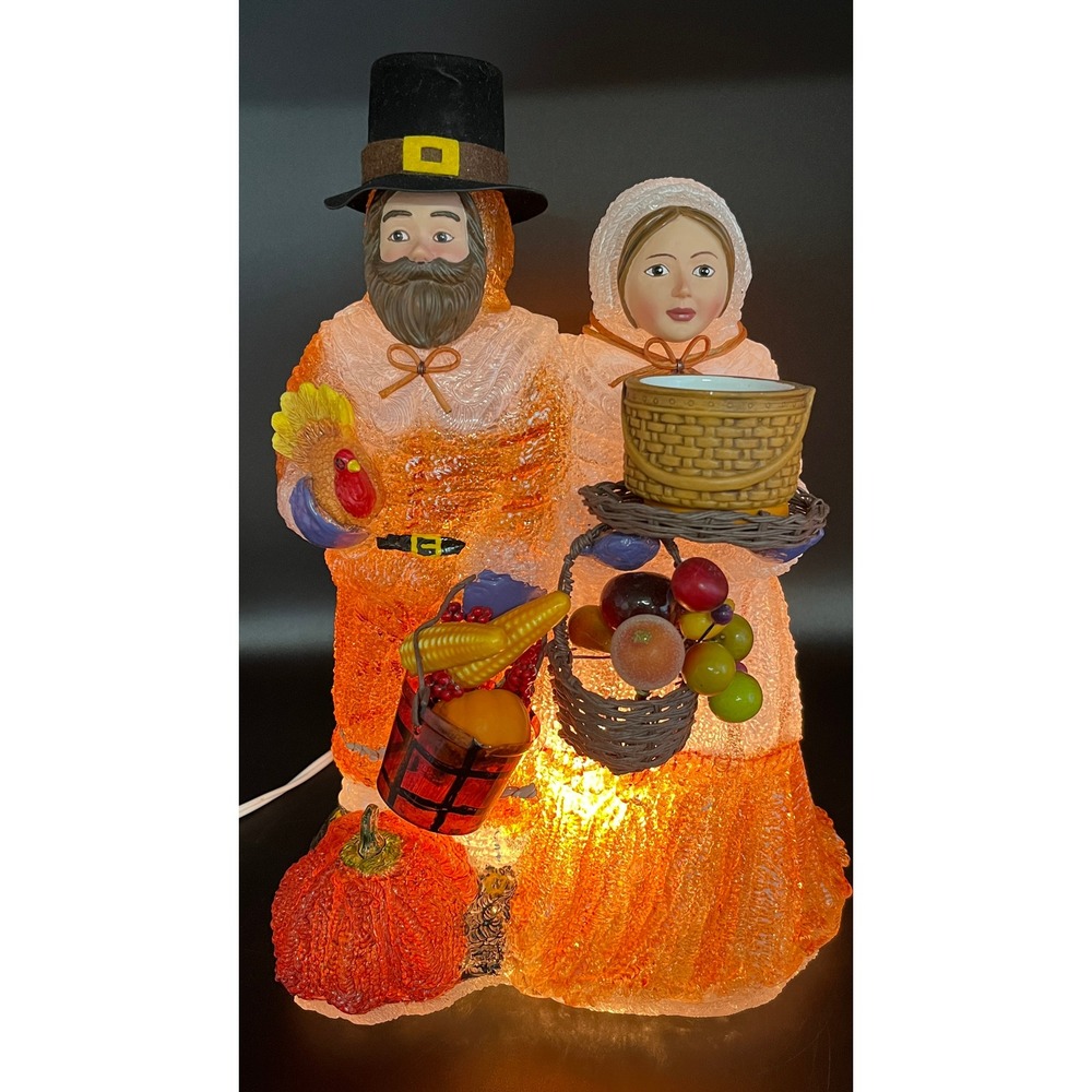 Iced Blow Mold-Style Acrylic Lamp Pilgrim Couple Thanksgiving Harvest Autumn 14"
